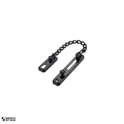 Sleek black stainless steel chain lock for door security, displayed on a minimalist white background