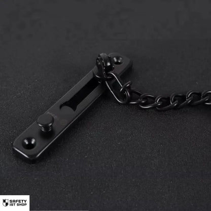 Elegant black stainless steel door chain lock displayed on a dark background for modern home security