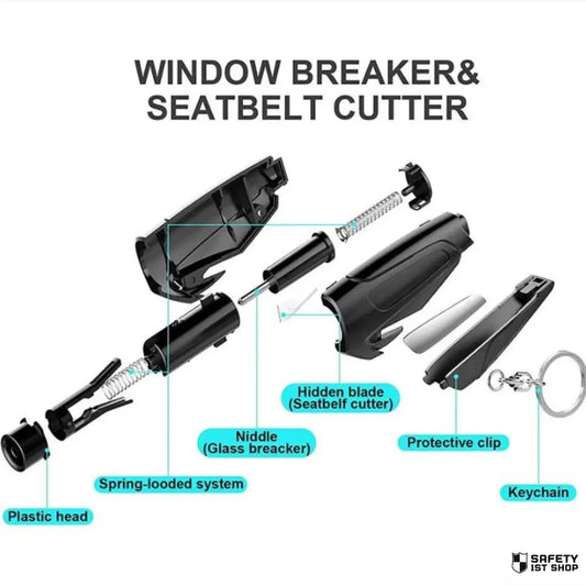 Exploded graphic view of a black emergency car tool, showing labeled components: plastic head, spring-loaded system, needle glass breaker, hidden blade seatbelt cutter, protective clip, and keychain – set against a white background.