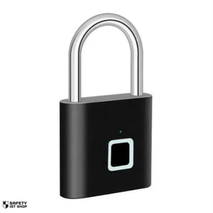 Elegant product shot of black fingerprint padlock on white background, slightly rotated to highlight its sleek design