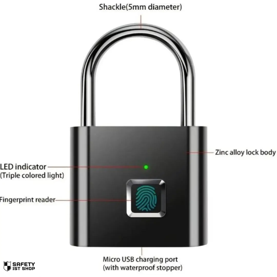 Black fingerprint padlock on white background with five labeled parts: 5mm shackle, zinc alloy body, fingerprint scanner, waterproof USB charging port, and triple-color LED indicator