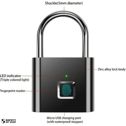 Black fingerprint padlock on white background with five labeled parts: 5mm shackle, zinc alloy body, fingerprint scanner, waterproof USB charging port, and triple-color LED indicator