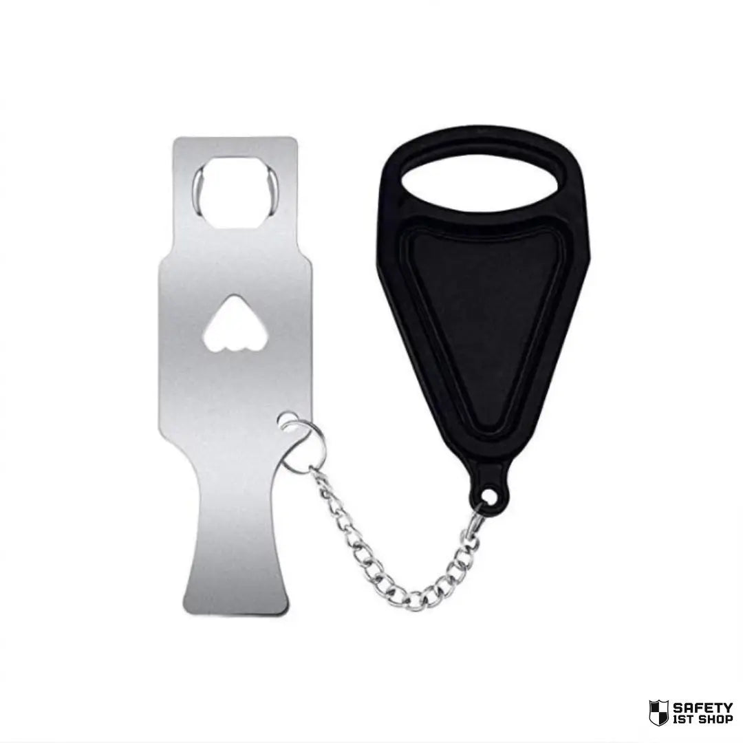 Close-up of black portable door lock presented on white background, highlighting its sleek design and solid build quality.