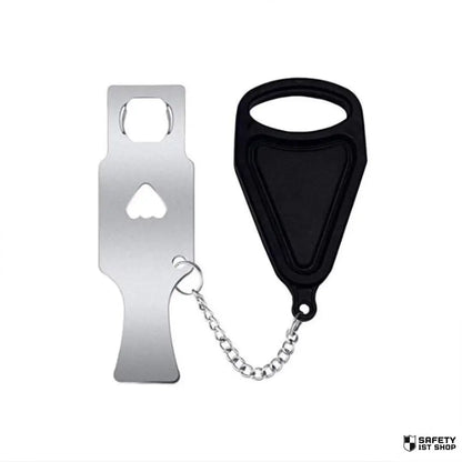 Close-up of black portable door lock presented on white background, highlighting its sleek design and solid build quality.