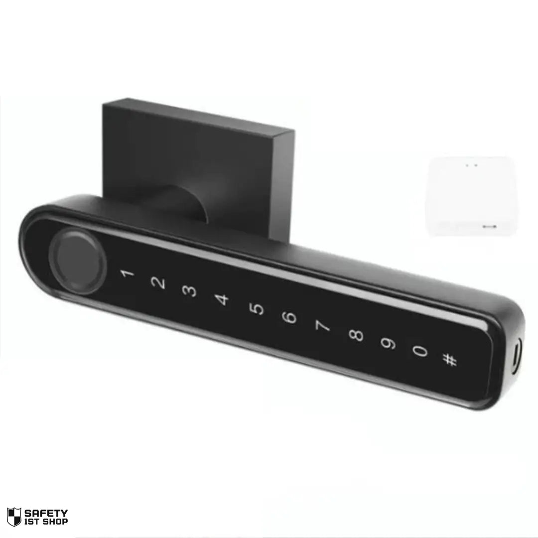 Black Tuya hub smart lock with included accessory on white background