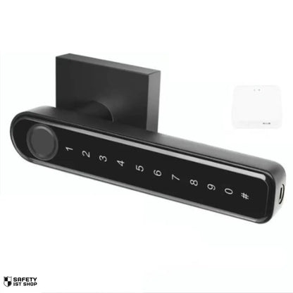 Black Tuya hub smart lock with included accessory on white background