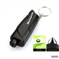 Black car emergency tool in classic grip-style design shown close-up with inset images highlighting blade and striking head functionality.