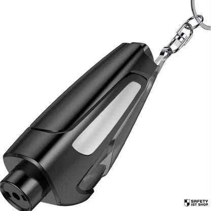 Black car escape tool close-up on white background, showcasing compact design with sleek and functional appearance.