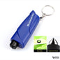 Blue car emergency tool in classic grip-style design shown close-up with inset images displaying blade and striking head features.