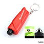 Red car emergency tool in classic grip-style design shown close-up with inset images highlighting blade and striking head functions.
