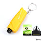 Yellow car emergency tool in classic grip-style design shown close-up with inset images emphasizing blade and striking head features.