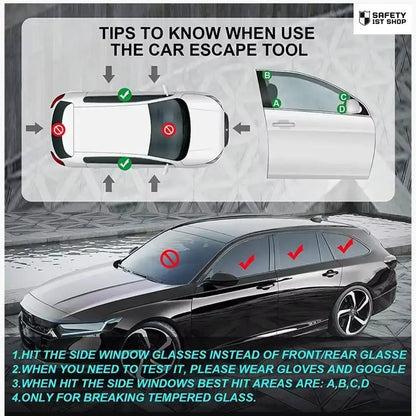 Luxury car parked in elegant setting with graphic overlay showing emergency escape tool tips and side window impact points for life-saving situations.
