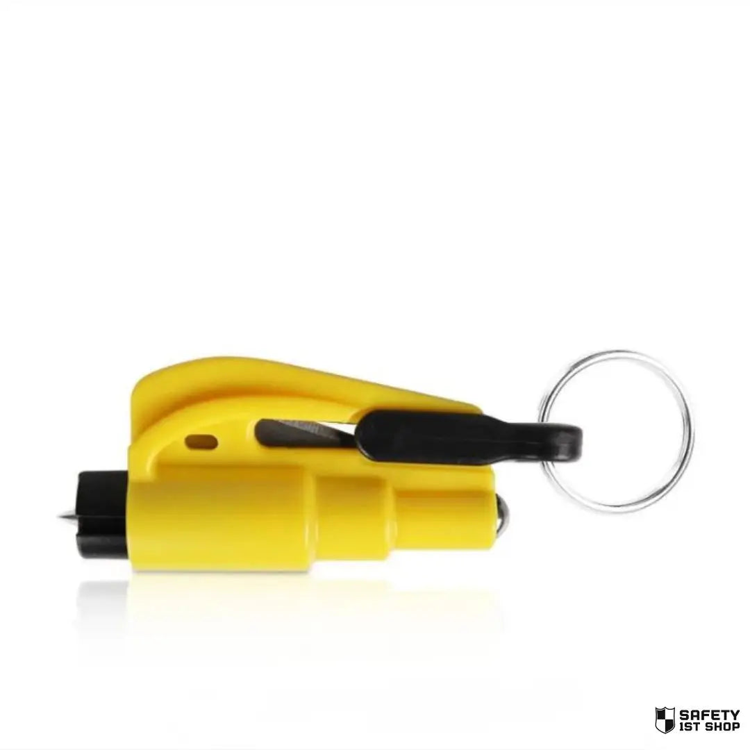 Yellow car escape tool in alternate exterior design shown close-up on white background, radiating vibrant and life-saving energy.