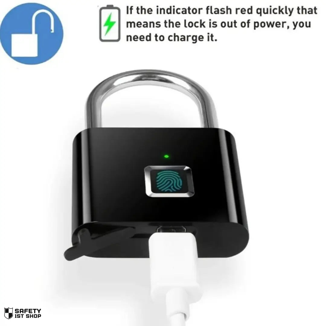 Black fingerprint padlock on white background with green LED light and connected USB cable, illustrating charging process after low battery warning