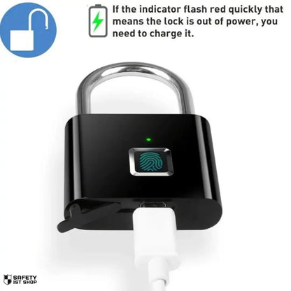 Black fingerprint padlock on white background with green LED light and connected USB cable, illustrating charging process after low battery warning