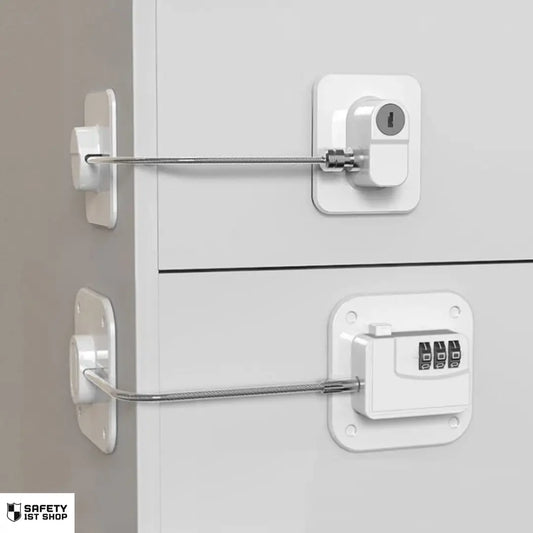 baby safety lock with key and keypad option on white drawer, secure solution for babyproofing furniture