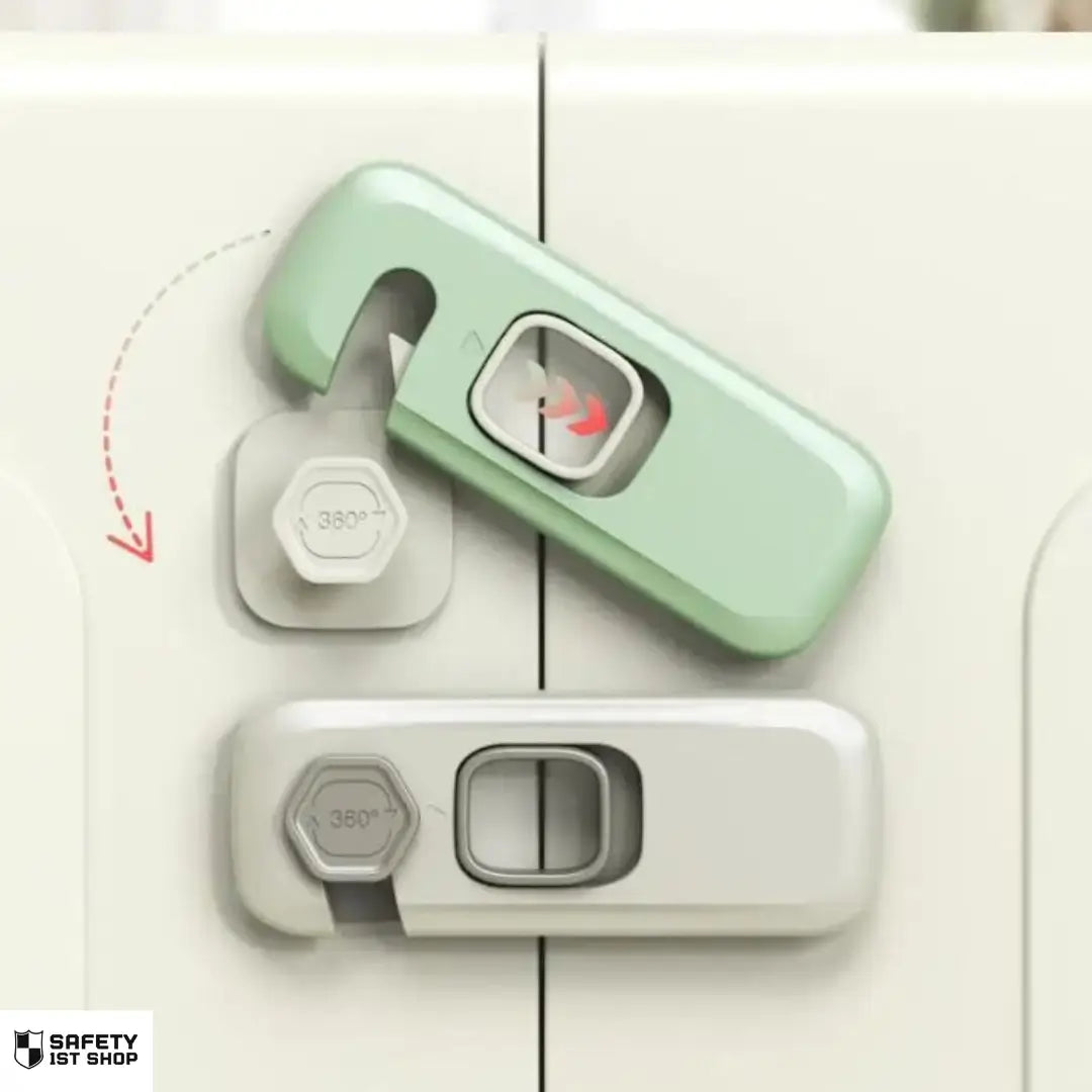 Child safety lock in use on white drawer – easy sliding mechanism shown for opening and closing
