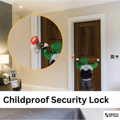 Childproof security lock in action: A red portable door lock prevents a young child from opening a luxurious wooden bedroom door. Inset shows close-up of the lock mechanism.