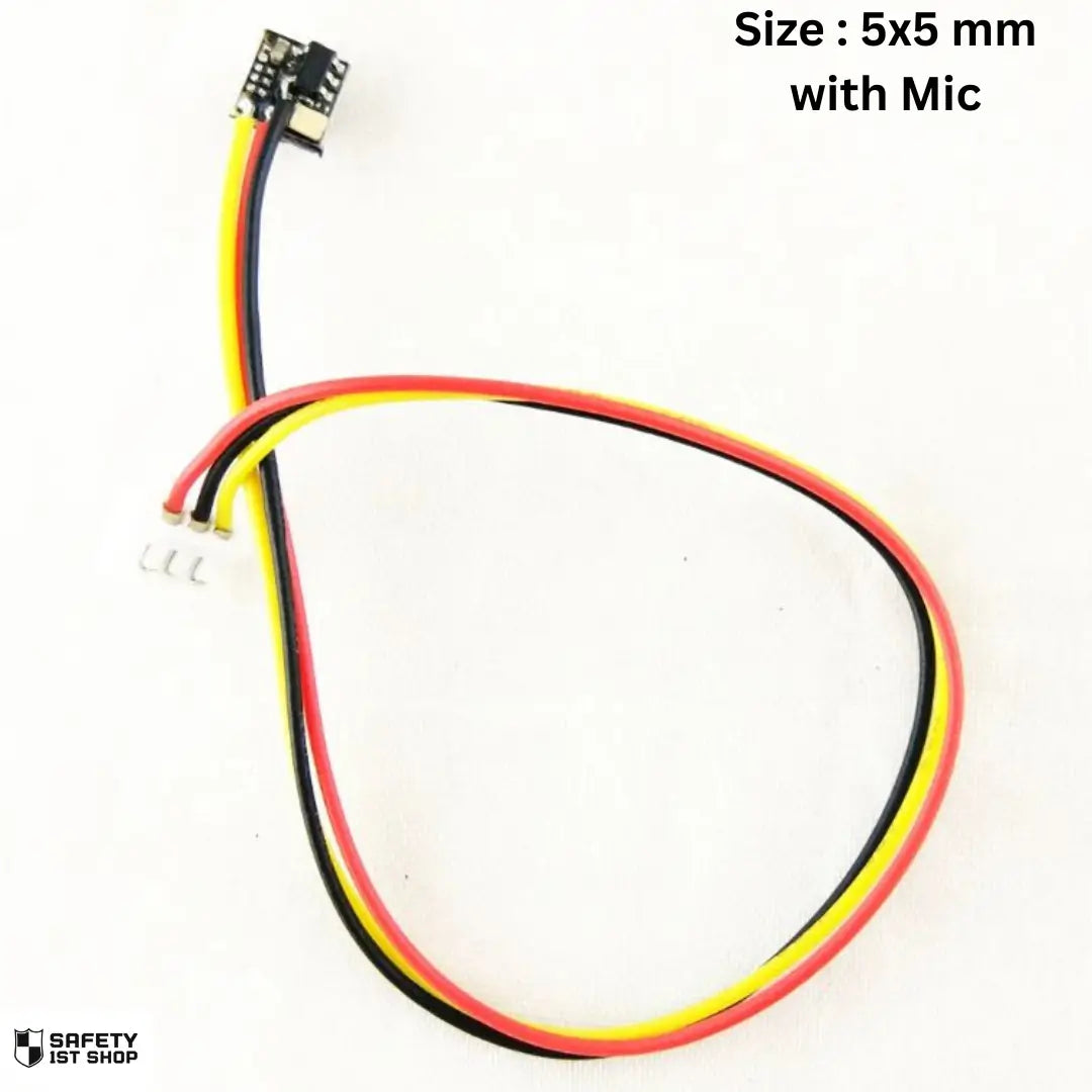 mini surveillance camera with mic, black, 5x5mm lens, detailed wiring, compact and discreet for monitoring, with mic option.