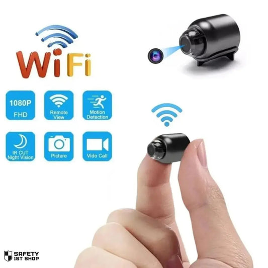 Compact black surveillance camera shown in hand for size reference, with icons highlighting features like 1080p, motion detection, infrared night vision and remote viewing on white background.