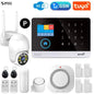 Wall-mounted smart security set with surveillance camera, one PIR motion detector, four door sensors, one siren, two remote controllers, and two RFID tags – providing compact yet powerful protection with visual monitoring, WiFi, GSM, and Tuya support.