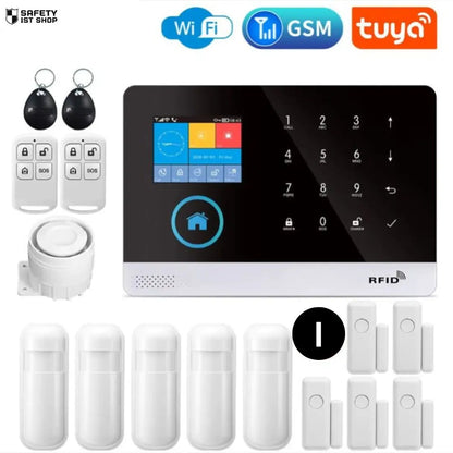 Fully equipped smart security system with five PIR motion detectors and five door sensors, including a siren, two remote controllers, and two RFID tags – offering total home protection with WiFi, GSM, and Tuya compatibility.