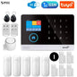 Fully equipped smart security system with five PIR motion detectors and five door sensors, including a siren, two remote controllers, and two RFID tags – offering total home protection with WiFi, GSM, and Tuya compatibility.