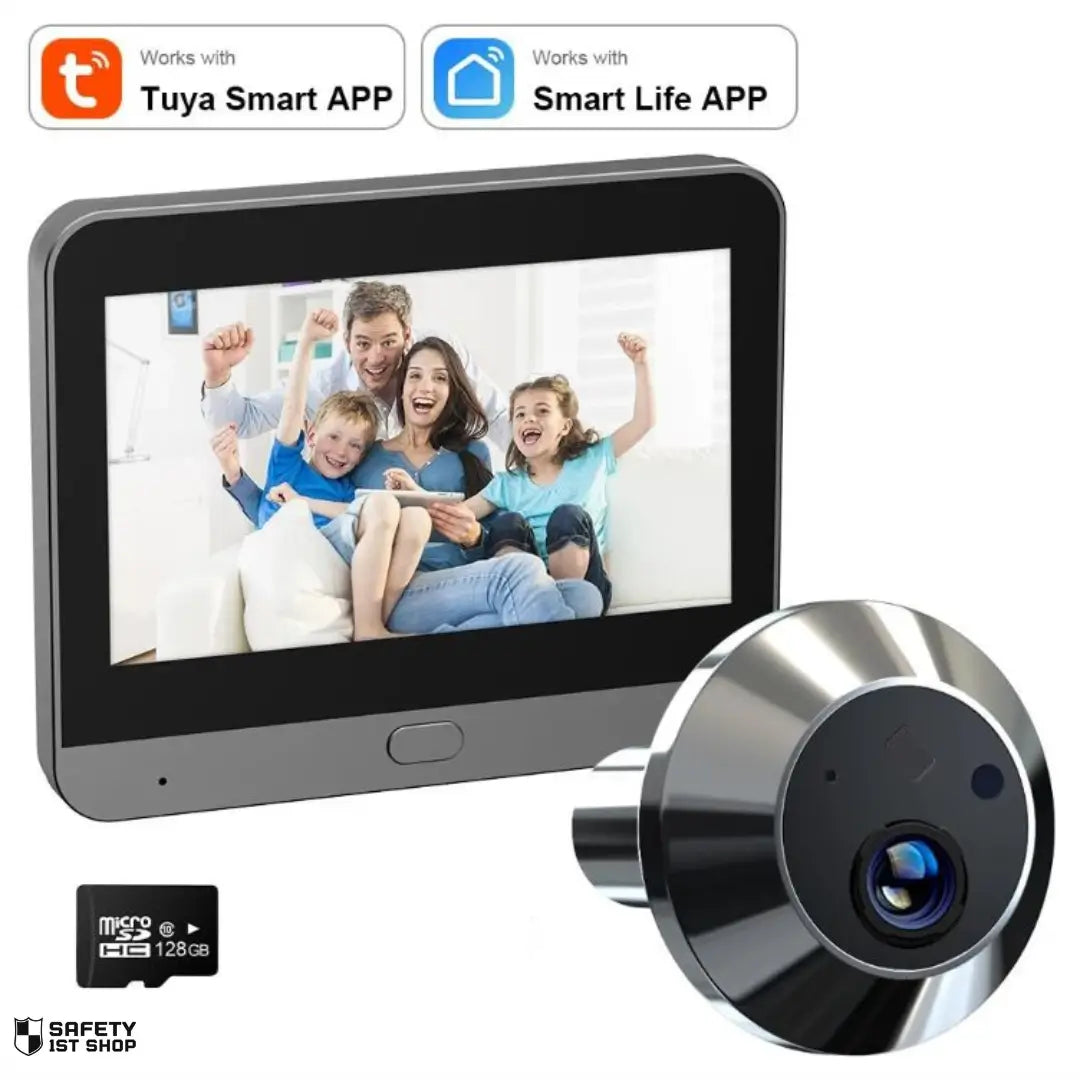 door viewer with 128GB memory card and smart screen on white background displaying happy family.