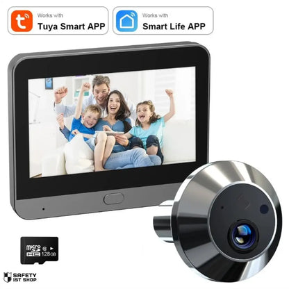 door viewer with 128GB memory card and smart screen on white background displaying happy family.