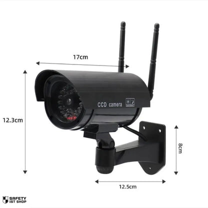 Dimensions of black dummy camera on white background for product information