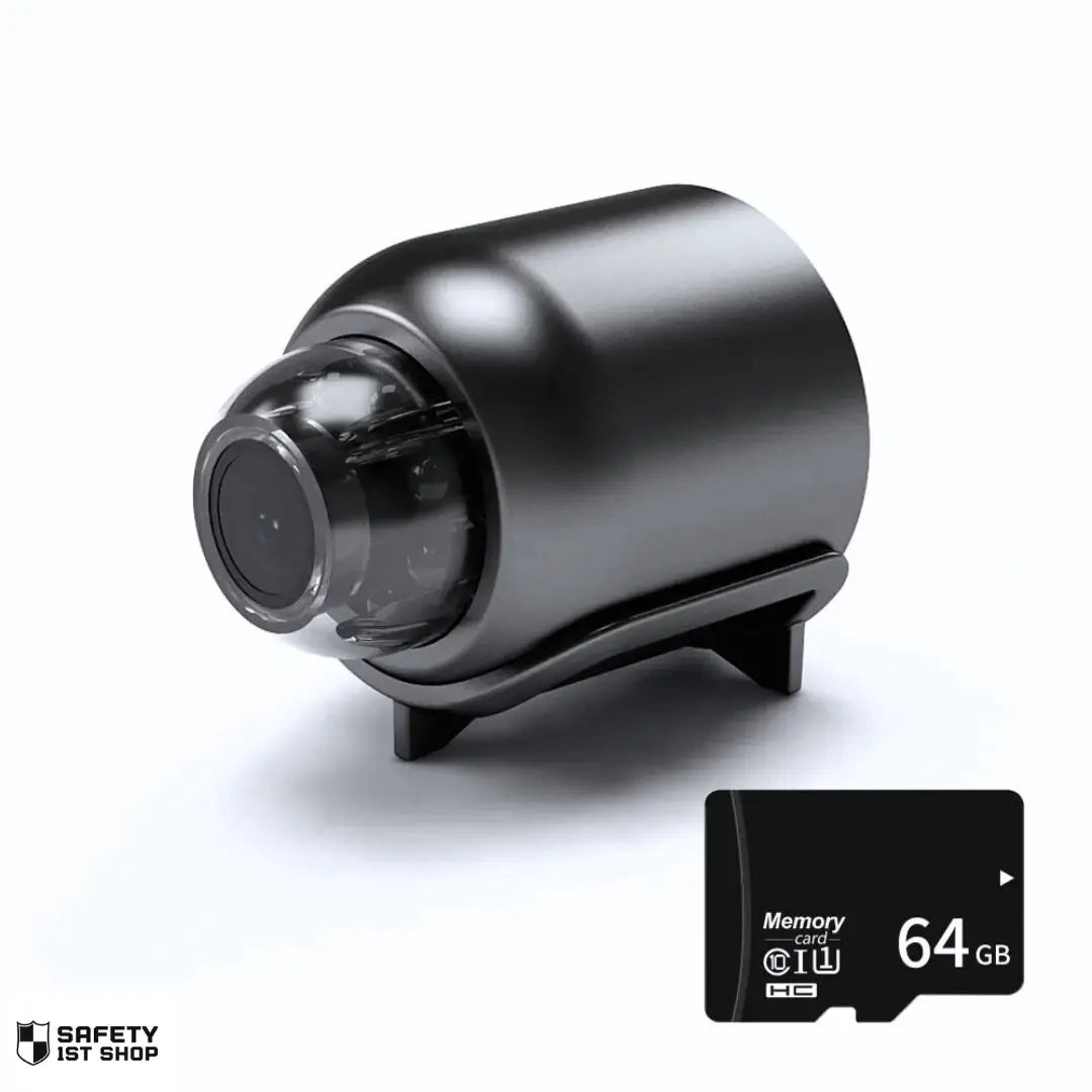 Elegant black mini surveillance camera shown on white background, accompanied by a 64GB memory card positioned at the lower right side.