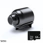 Elegant black mini surveillance camera shown on white background, accompanied by a 64GB memory card positioned at the lower right side.