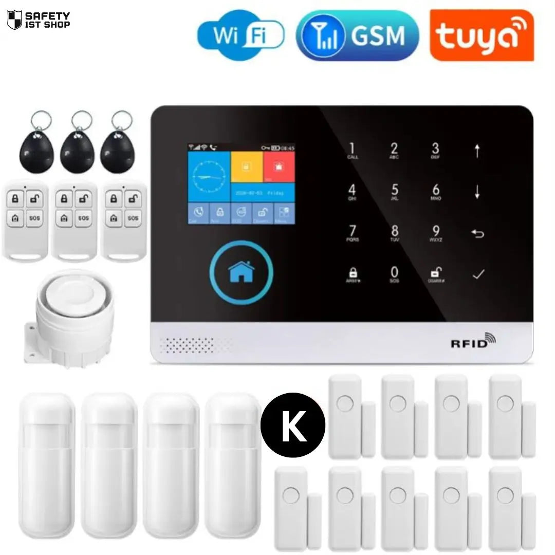 Powerful smart security system with nine door sensors, four PIR motion detectors, three remote controllers, and three RFID tags – designed for extensive entry coverage with WiFi, GSM, and Tuya technology.