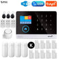 Powerful smart security system with nine door sensors, four PIR motion detectors, three remote controllers, and three RFID tags – designed for extensive entry coverage with WiFi, GSM, and Tuya technology.
