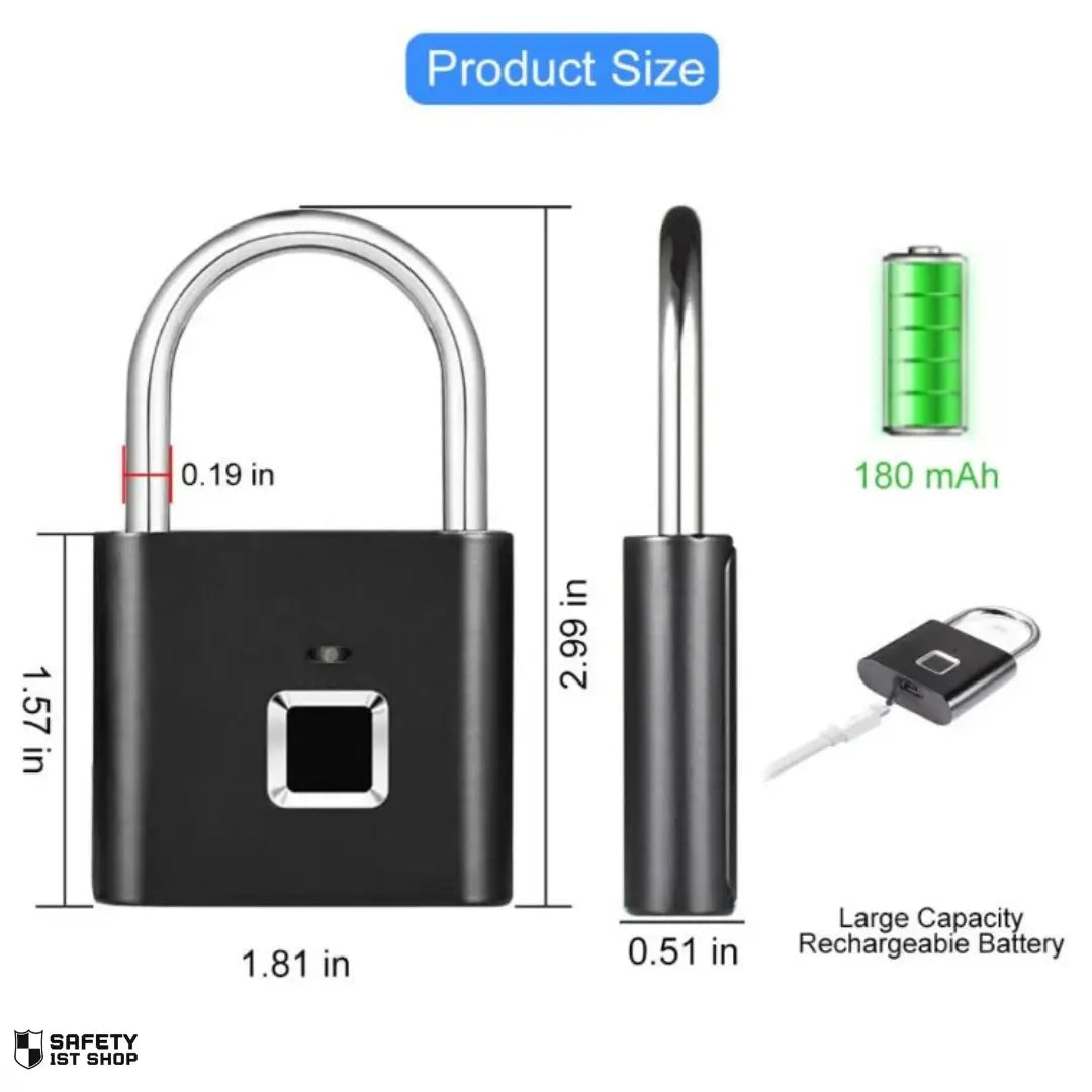 Dimension diagram of smart fingerprint padlock with 180mAh battery, front and side view on white background, labeled “Product size”.