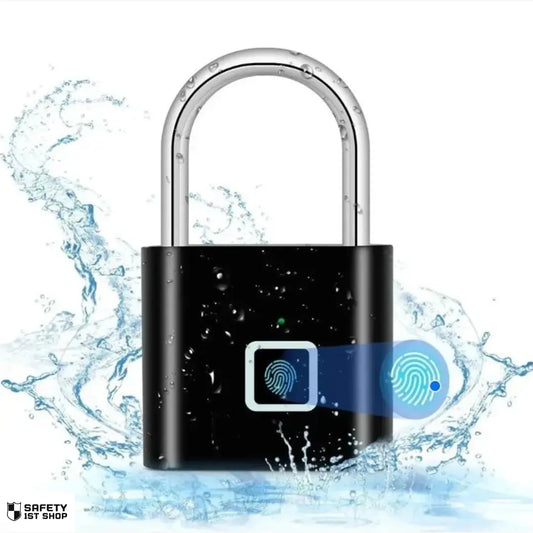 Premium black fingerprint padlock with water droplets and wave elements – showcasing waterproof design and modern biometric security