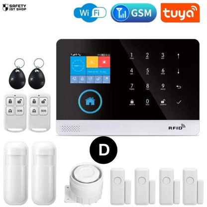 Enhanced smart security system bundle featuring four door sensors, two PIR detectors, a siren, two remote controllers, and two RFID tags – offering comprehensive entry point protection via WiFi, GSM, and Tuya.