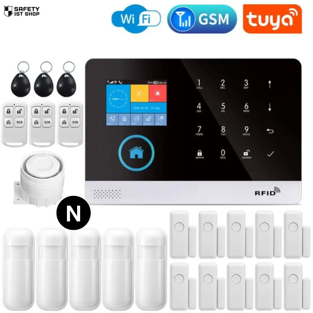 Fully loaded smart home security system with five motion detectors, ten door sensors, three remote controllers, and three RFID tags – delivering top-tier protection and full access management with WiFi, GSM, and Tuya integration.