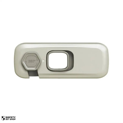 Single grey child safety lock on white background – minimalist product photo for babyproofing solution