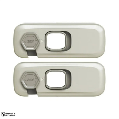 Set of two grey child safety locks on white background – minimal babyproofing product display