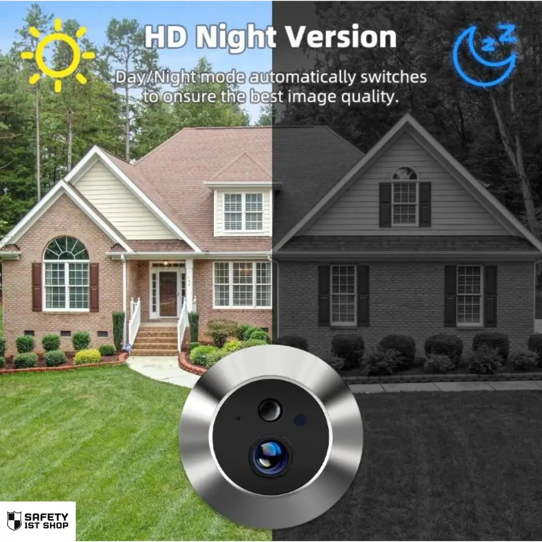 night vision door camera view showing modern villa with garden and automatic day night mode switching.