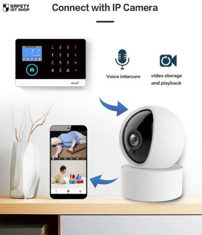 Smart home security system connected to an IP camera – showing live video feeds of a baby and an elderly woman, with voice intercom and video playback features for real-time care and monitoring.
