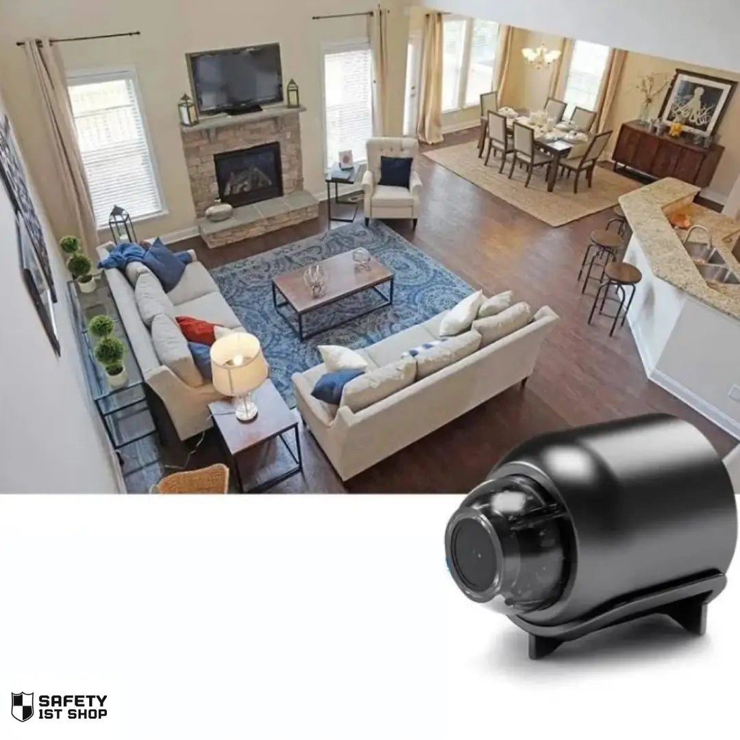 Wide-angle view of a luxury living room and kitchen captured from a high surveillance angle, illustrating the field of view of a compact hidden camera. Scene features beige interior, fireplace and premium design.