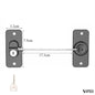 child safety lock with key in matte black, shown with size measurements on white background, ideal for cabinets or windows