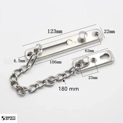 Detailed view of silver door chain lock with size measurements, showcasing secure fit and durable design for entry protection