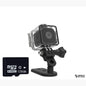 Black waterproof mini action camera with a 128GB SD card in its protective case, set against a white background