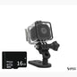 Black waterproof mini action camera showcased in its protective case with a 16GB SD card, displayed on a clean white background