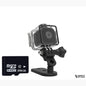 Black waterproof mini action camera with a 256GB SD card in its protective case, set against a white background