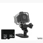 Black waterproof mini action camera in its protective case with a 32GB SD card, displayed against a clean white background