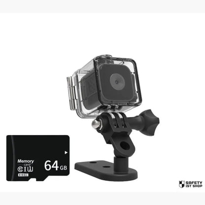 Black waterproof mini action camera in its protective case with a 64GB SD card, displayed against a clean white background